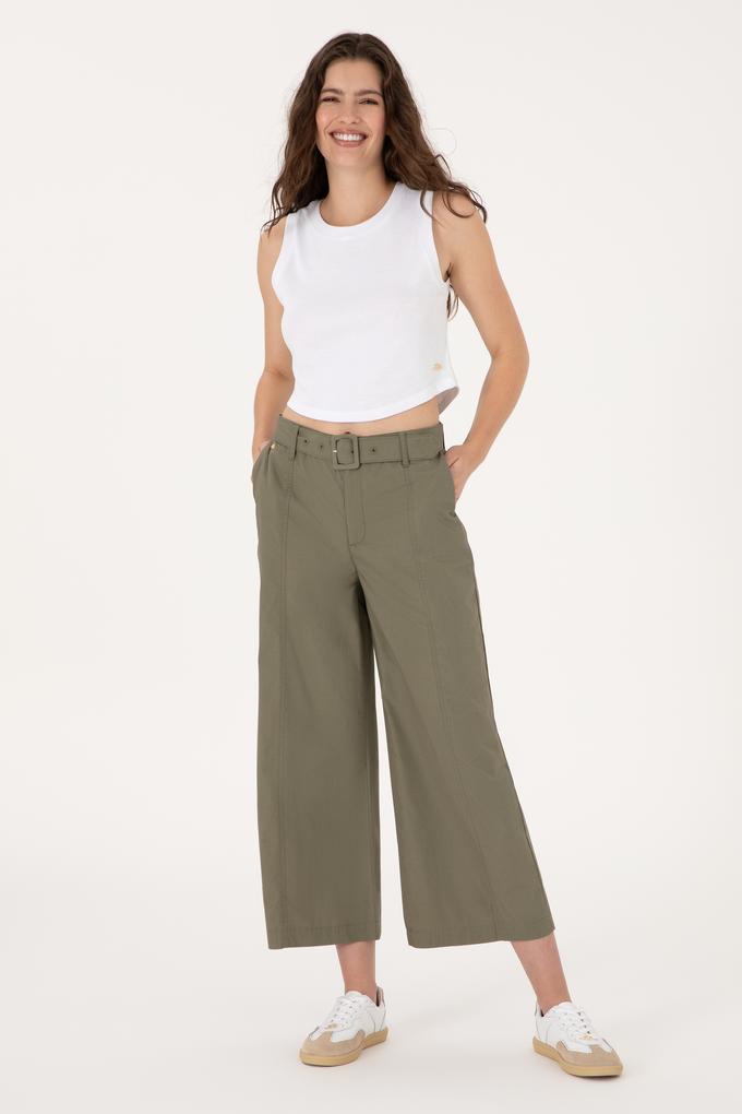 Kadın Koyu Haki Flare Cropped Fit Kanvas Pantolon