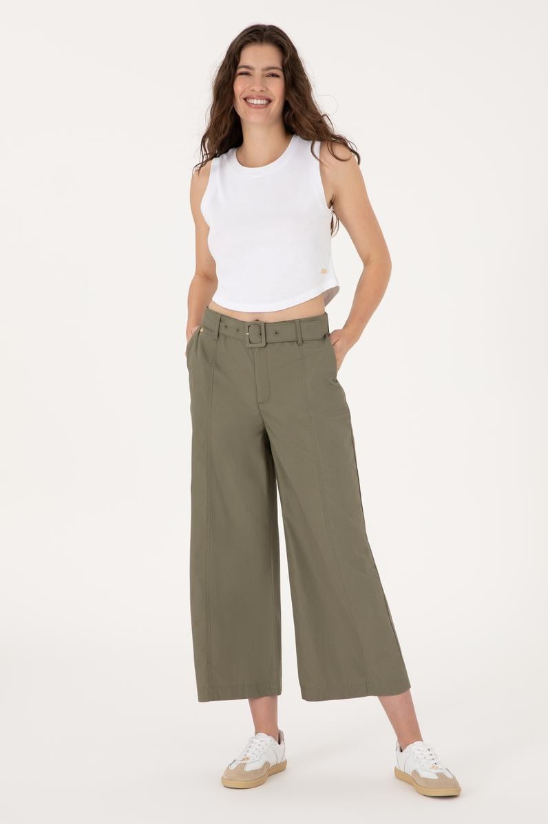 Kadın Koyu Haki Flare Cropped Fit Kanvas Pantolon