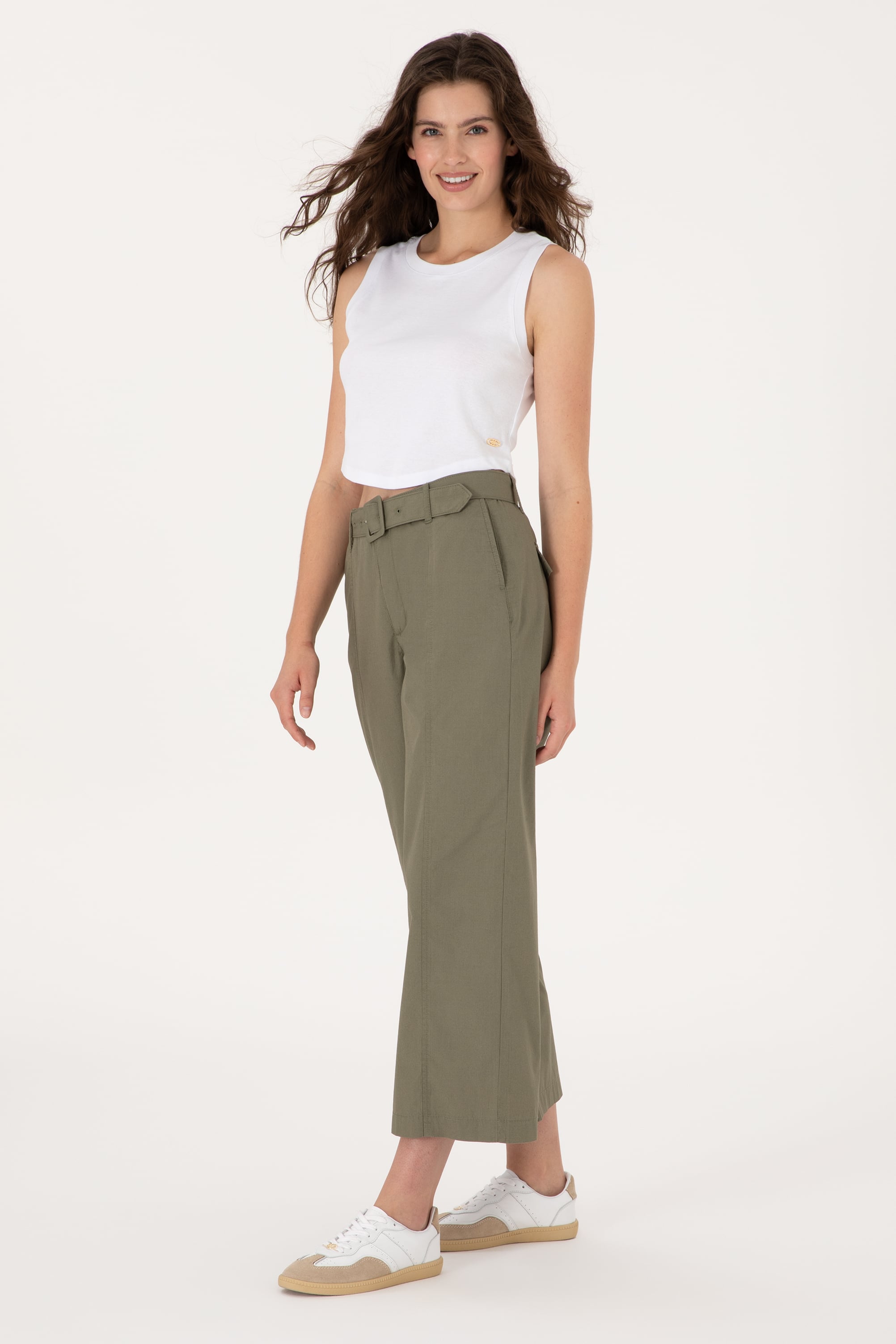 Kadın Koyu Haki Flare Cropped Fit Kanvas Pantolon