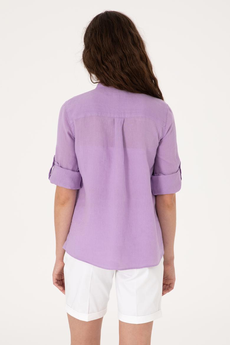 Kadın Lila Keten Uzun Kollu Gömlek - 50299791043