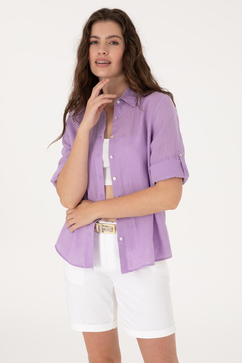 Kadın Lila Keten Uzun Kollu Gömlek
