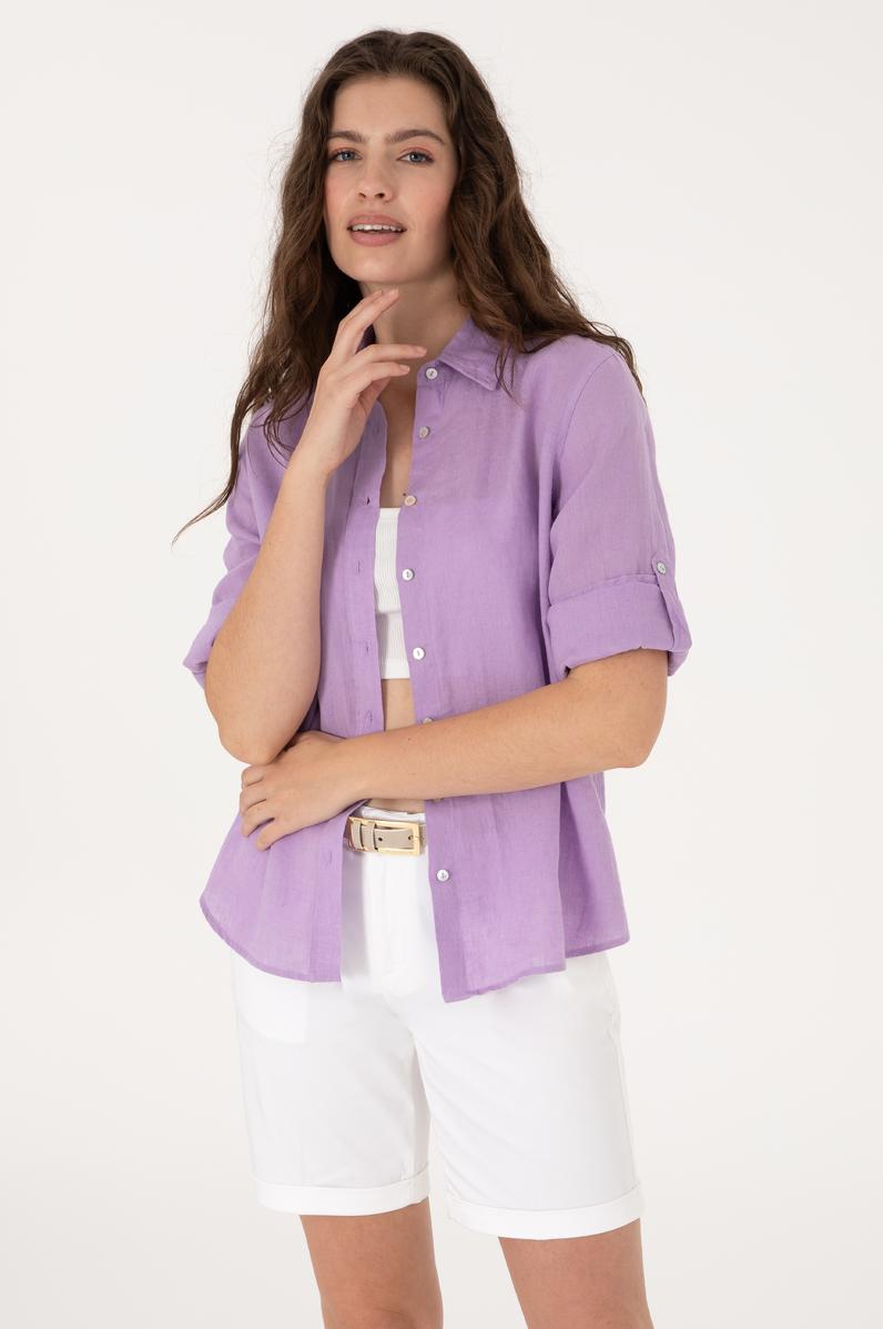Kadın Lila Keten Uzun Kollu Gömlek