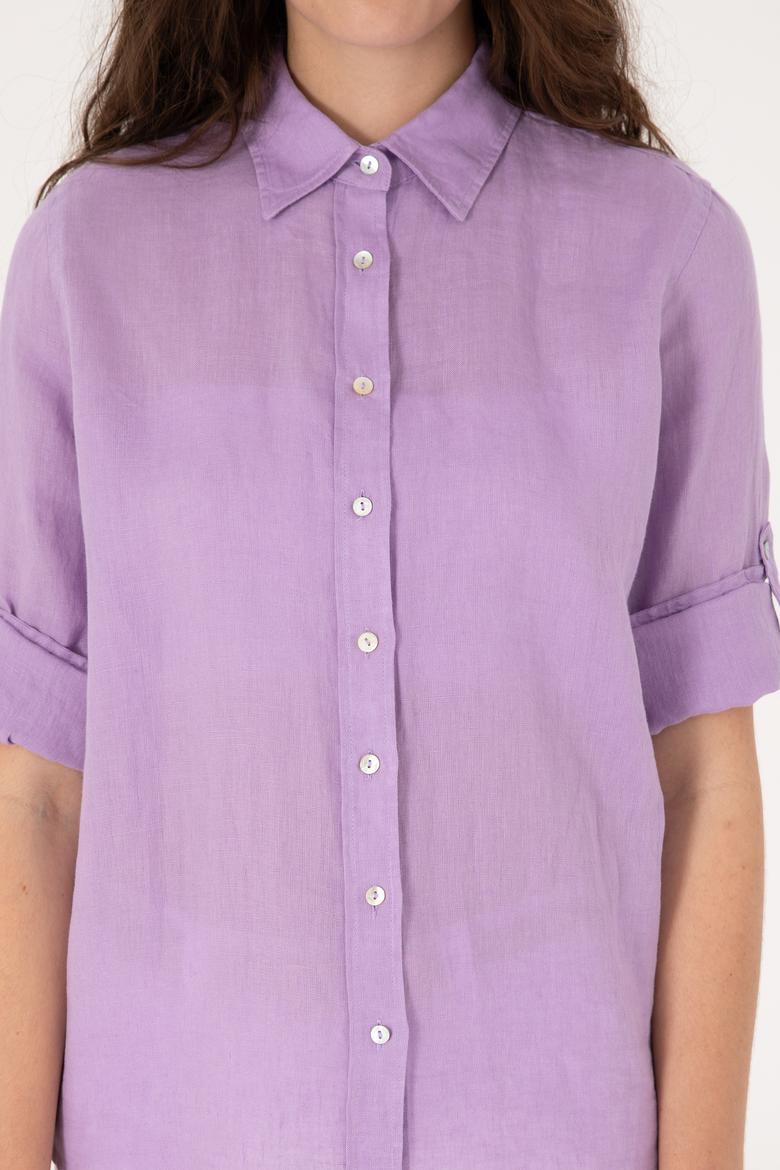 Kadın Lila Keten Uzun Kollu Gömlek - 50299791043
