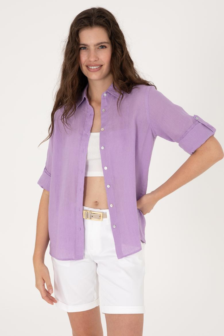 Kadın Lila Keten Uzun Kollu Gömlek - 50299791043