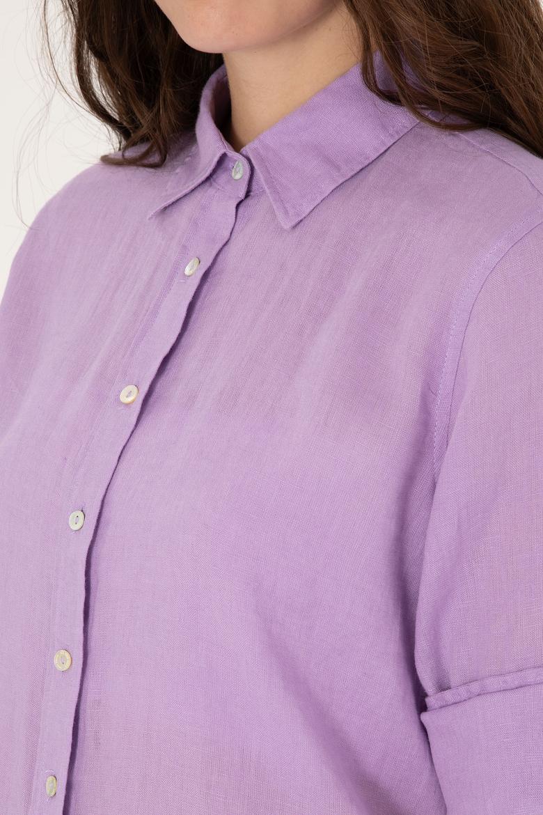 Kadın Lila Keten Uzun Kollu Gömlek - 50299791043
