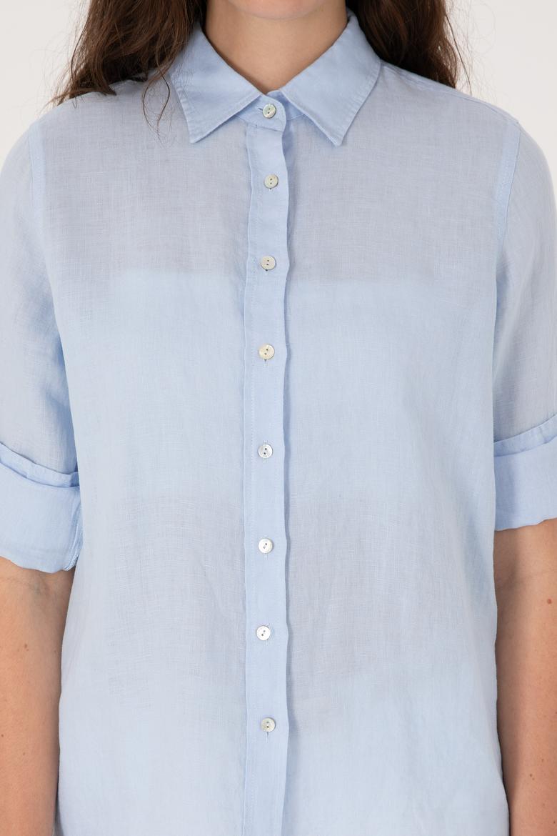 Kadın Açık Mavi Keten Uzun Kollu Gömlek - 50299791036