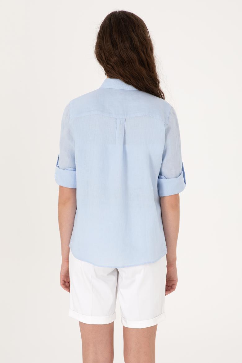 Kadın Açık Mavi Keten Uzun Kollu Gömlek - 50299791036
