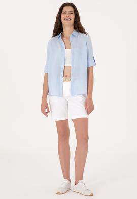 Kadın Açık Mavi Keten Uzun Kollu Gömlek - 50299791036