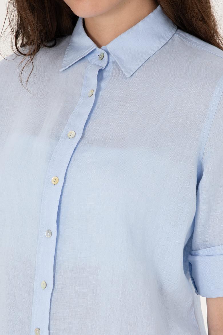 Kadın Açık Mavi Keten Uzun Kollu Gömlek - 50299791036