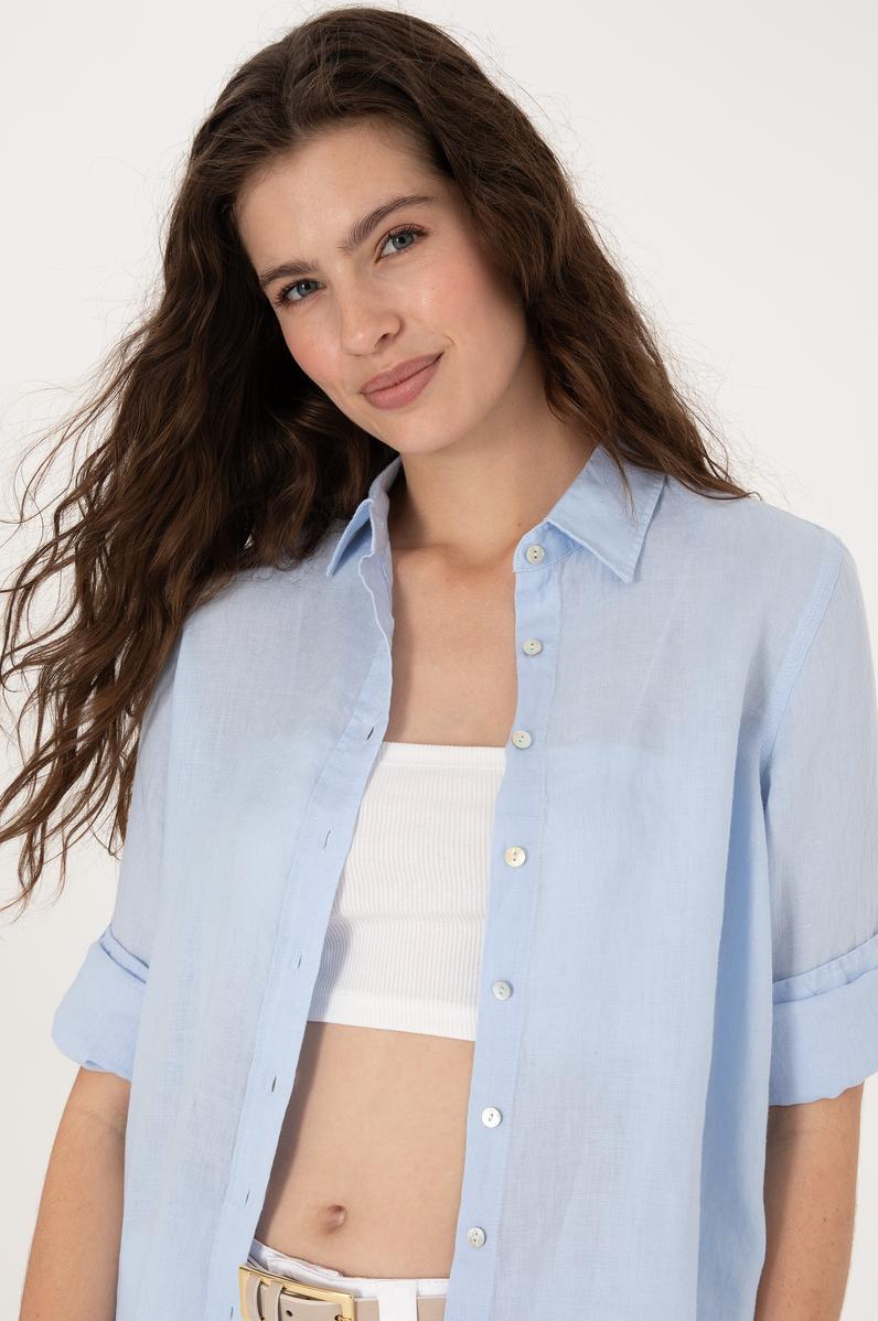 Kadın Açık Mavi Keten Uzun Kollu Gömlek