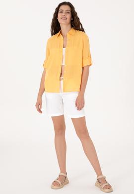 Kadın Turuncu Keten Uzun Kollu Gömlek - 50299791061