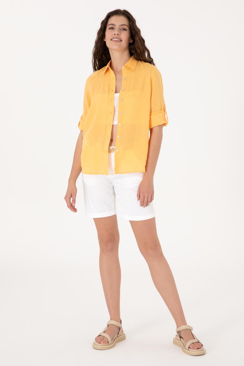 Kadın Turuncu Keten Uzun Kollu Gömlek - 50299791061