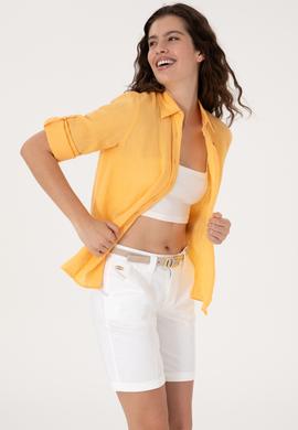 Kadın Turuncu Keten Uzun Kollu Gömlek - 50299791061