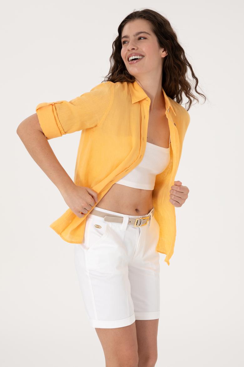 Kadın Turuncu Keten Uzun Kollu Gömlek - 50299791061