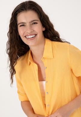 Kadın Turuncu Keten Uzun Kollu Gömlek - 50299791061