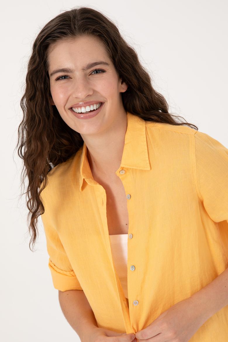 Kadın Turuncu Keten Uzun Kollu Gömlek - 50299791061