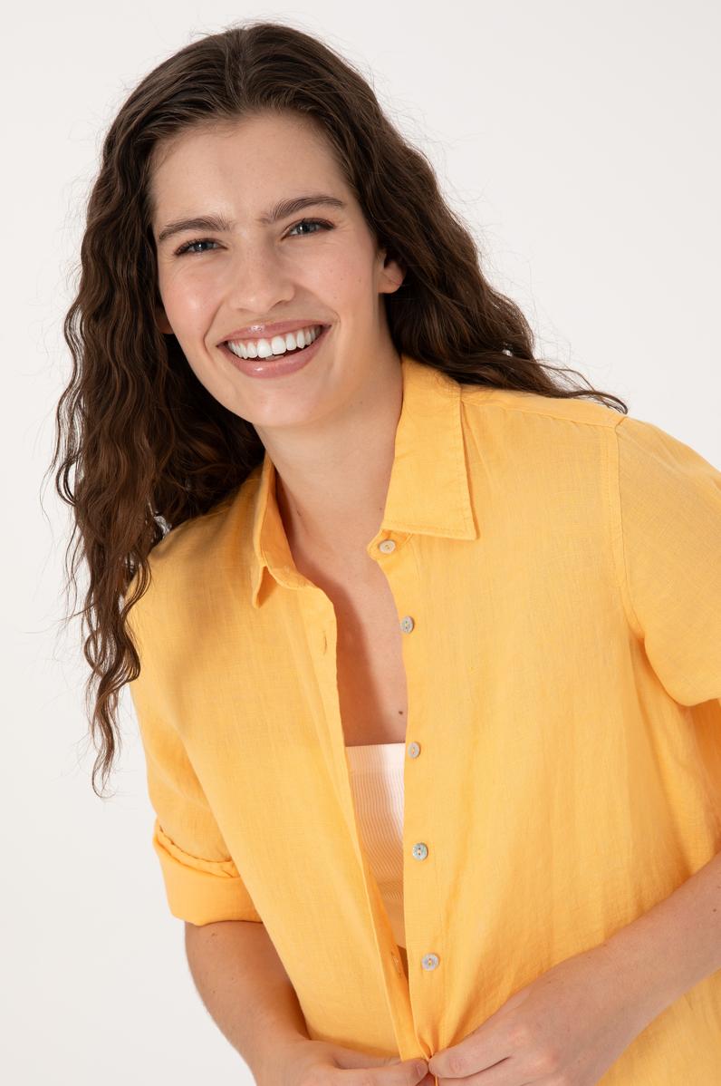 Kadın Turuncu Keten Uzun Kollu Gömlek