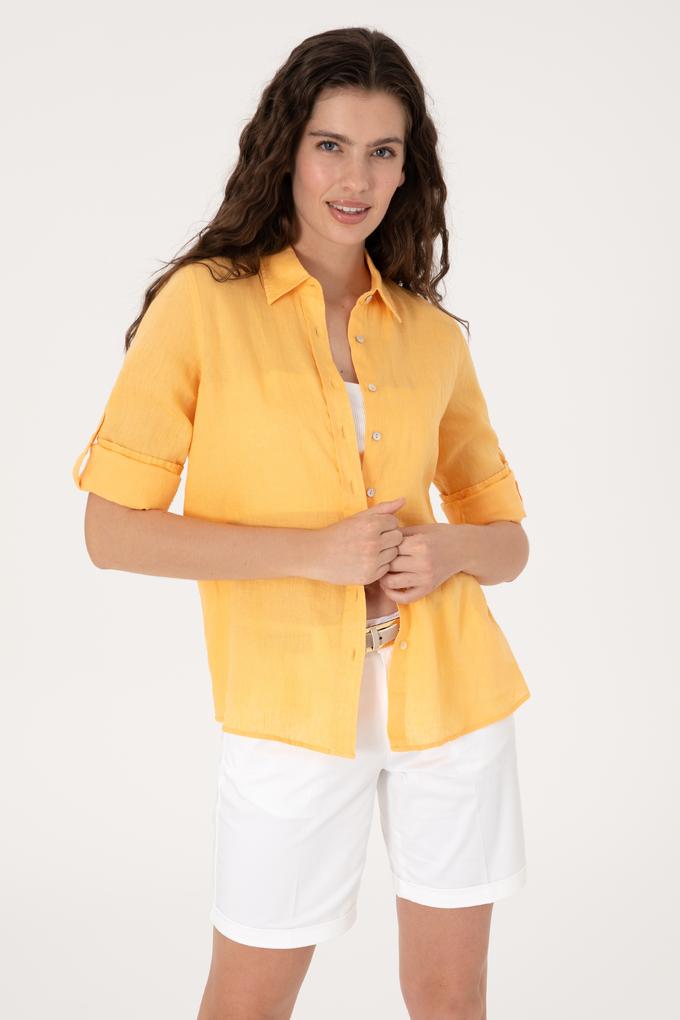 Kadın Turuncu Keten Uzun Kollu Gömlek
