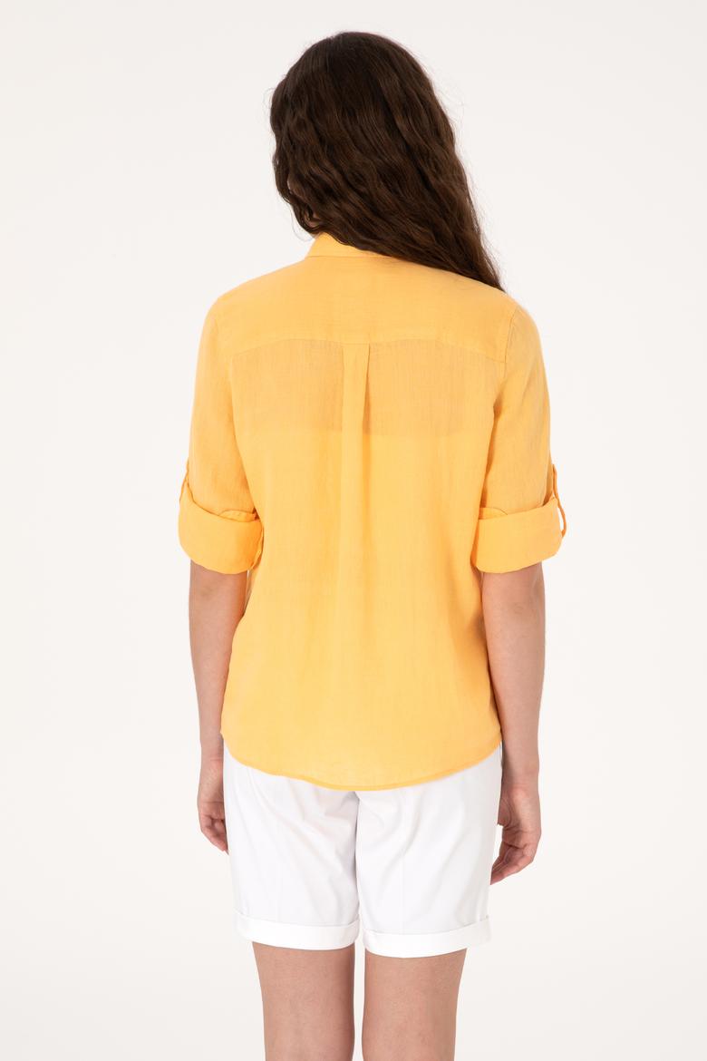 Kadın Turuncu Keten Uzun Kollu Gömlek - 50299791061