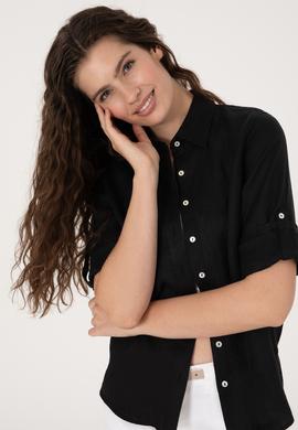 Kadın Siyah Keten Uzun Kollu Gömlek - 50299791050