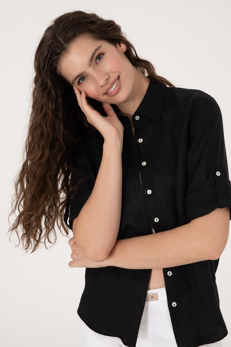 Kadın Siyah Keten Uzun Kollu Gömlek - 50299791050