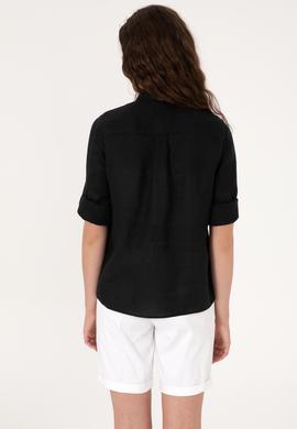 Kadın Siyah Keten Uzun Kollu Gömlek - 50299791050