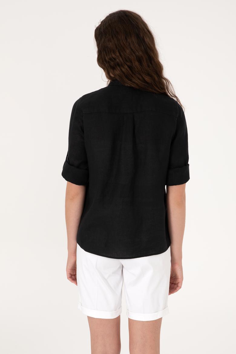 Kadın Siyah Keten Uzun Kollu Gömlek - 50299791050