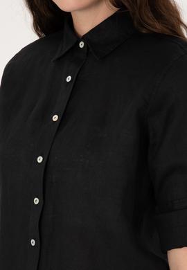 Kadın Siyah Keten Uzun Kollu Gömlek - 50299791050
