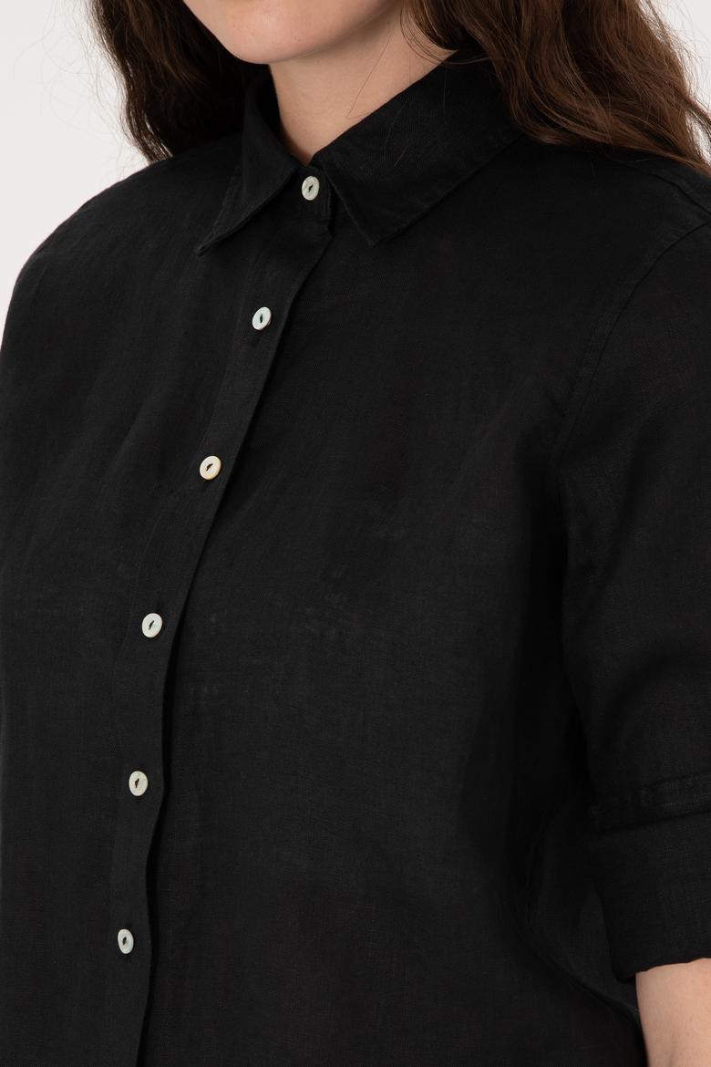Kadın Siyah Keten Uzun Kollu Gömlek - 50299791050