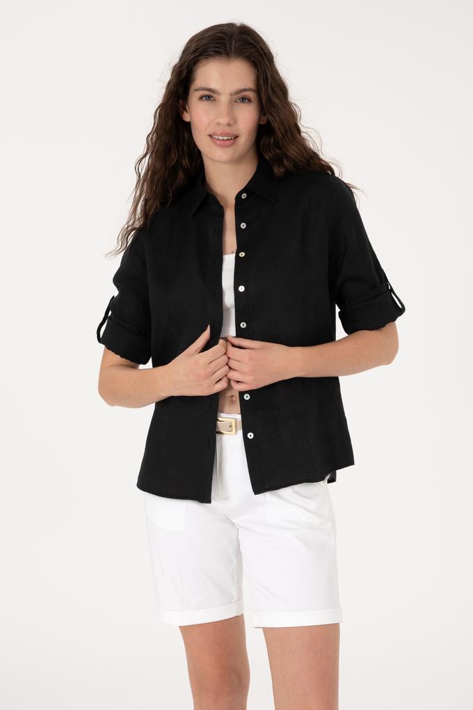 Kadın Siyah Keten Uzun Kollu Gömlek