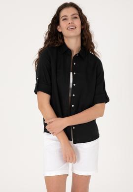 Kadın Siyah Keten Uzun Kollu Gömlek - 50299791050