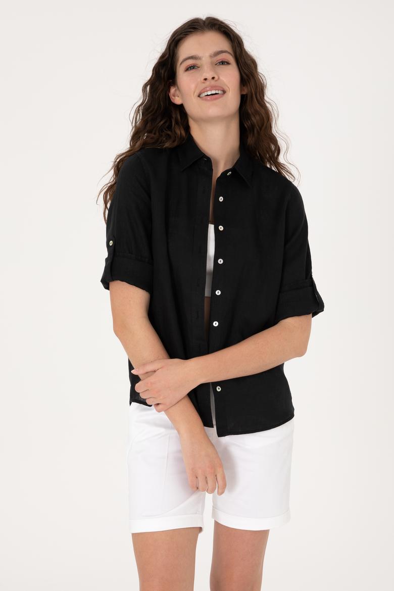 Kadın Siyah Keten Uzun Kollu Gömlek - 50299791050