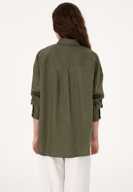 Kadın Koyu Haki Keten Uzun Kollu Gömlek - 50299794072