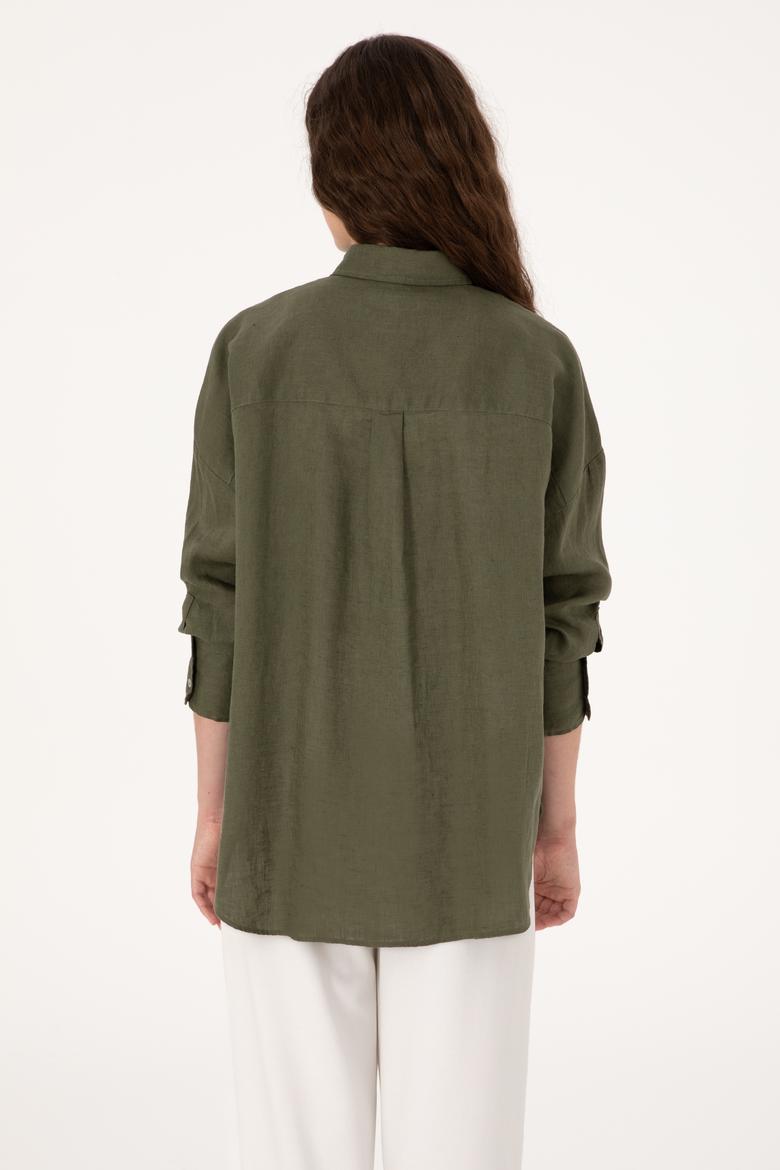 Kadın Koyu Haki Keten Uzun Kollu Gömlek - 50299794072