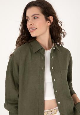 Kadın Koyu Haki Keten Uzun Kollu Gömlek - 50299794072