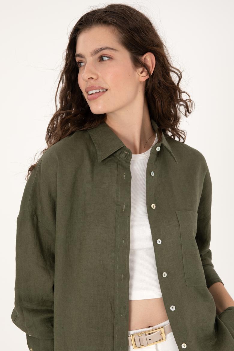 Kadın Koyu Haki Keten Uzun Kollu Gömlek - 50299794072