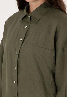 Kadın Koyu Haki Keten Uzun Kollu Gömlek - 50299794072