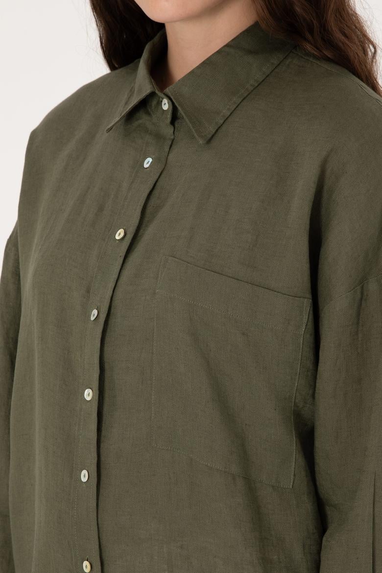 Kadın Koyu Haki Keten Uzun Kollu Gömlek - 50299794072