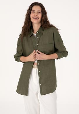 Kadın Koyu Haki Keten Uzun Kollu Gömlek - 50299794072
