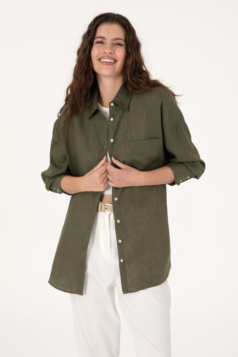 Kadın Koyu Haki Keten Uzun Kollu Gömlek