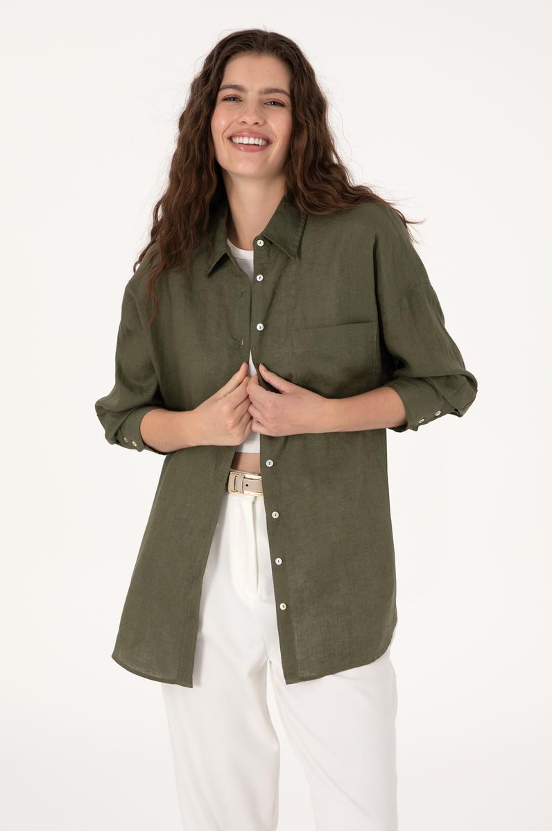 Kadın Koyu Haki Keten Uzun Kollu Gömlek