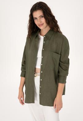 Kadın Koyu Haki Keten Uzun Kollu Gömlek - 50299794072