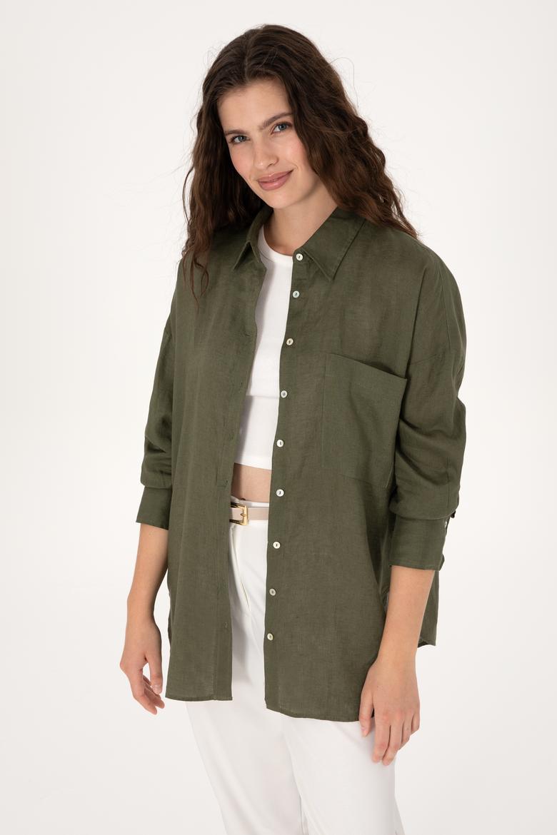 Kadın Koyu Haki Keten Uzun Kollu Gömlek - 50299794072
