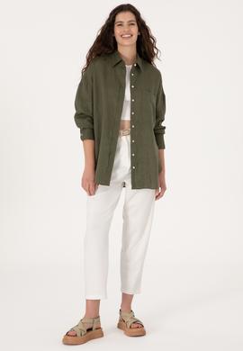 Kadın Koyu Haki Keten Uzun Kollu Gömlek - 50299794072