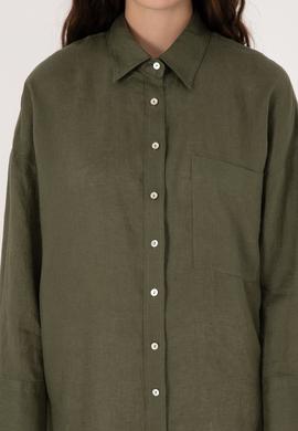 Kadın Koyu Haki Keten Uzun Kollu Gömlek - 50299794072