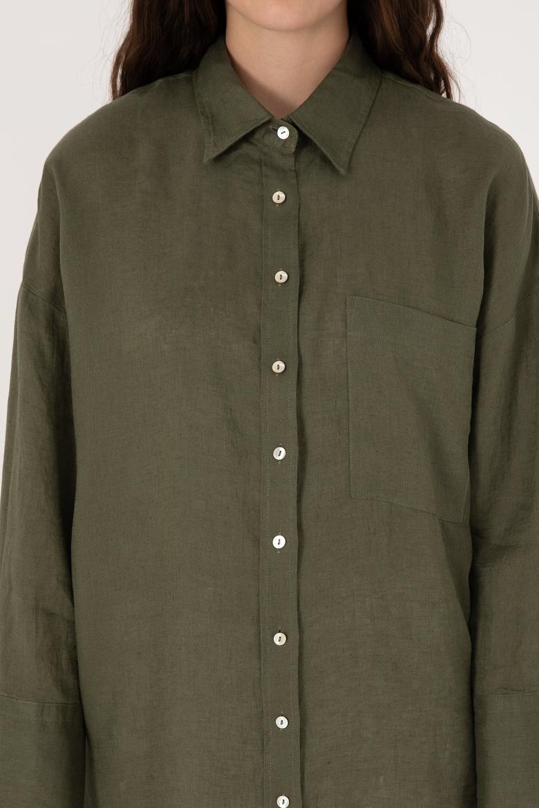Kadın Koyu Haki Keten Uzun Kollu Gömlek - 50299794072