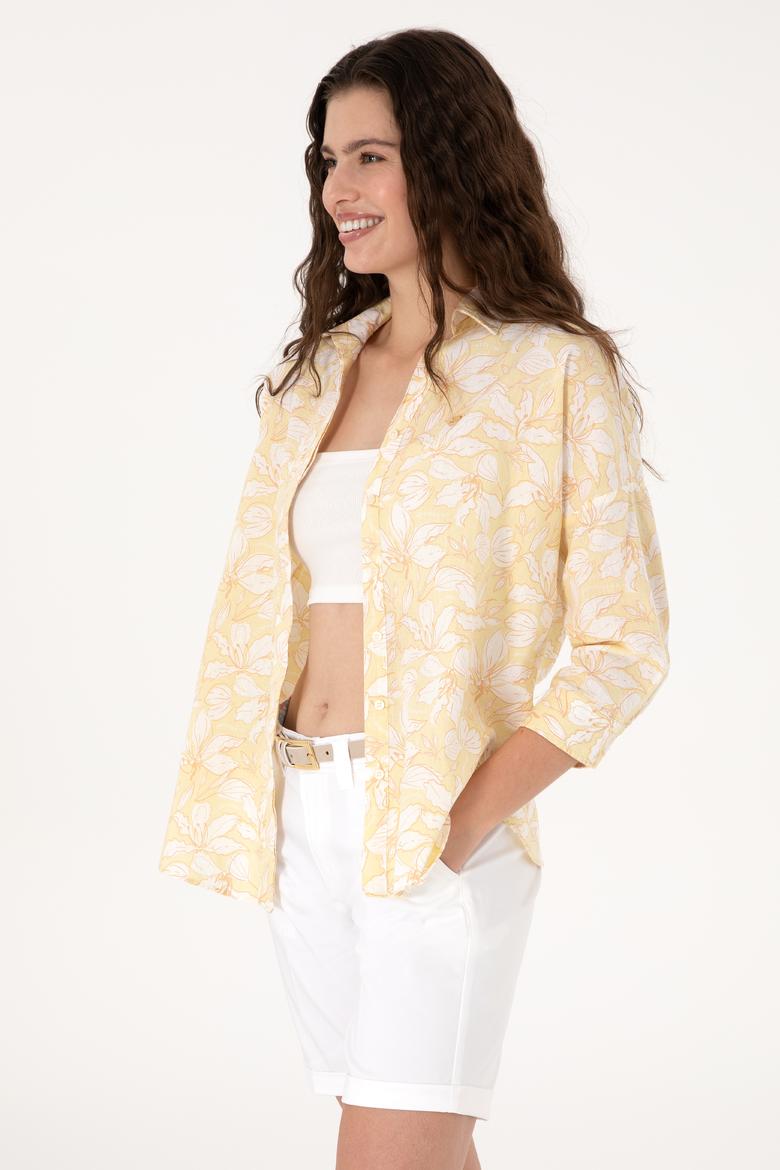 Kadın Açık Haki Keten Karışımlı Uzun Kollu Gömlek - 50299572009