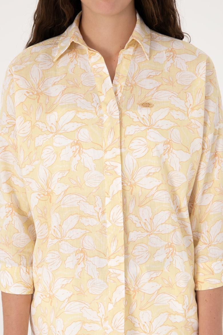 Kadın Açık Haki Keten Karışımlı Uzun Kollu Gömlek - 50299572009