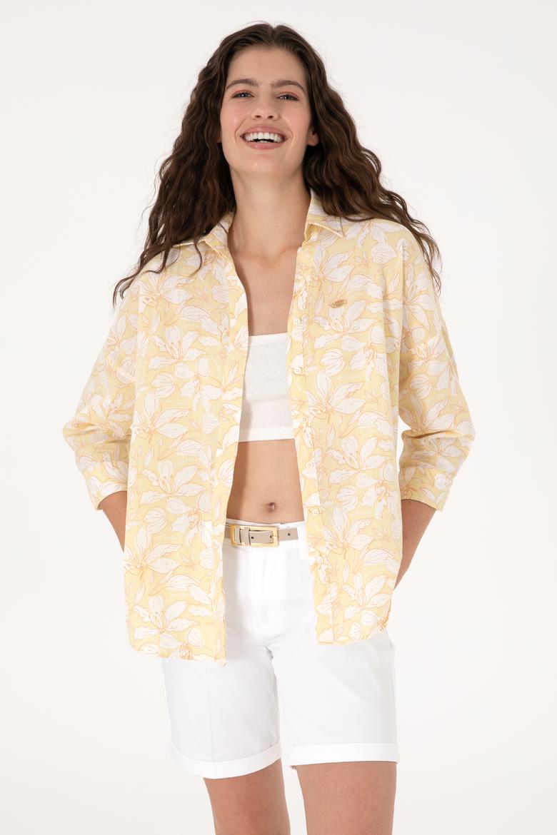 Kadın Açık Haki Keten Karışımlı Uzun Kollu Gömlek