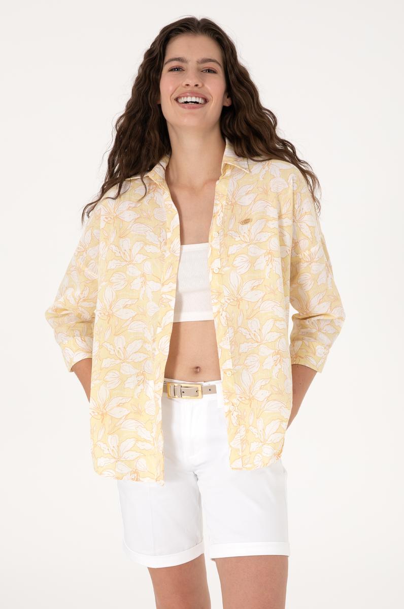 Kadın Açık Haki Keten Karışımlı Uzun Kollu Gömlek